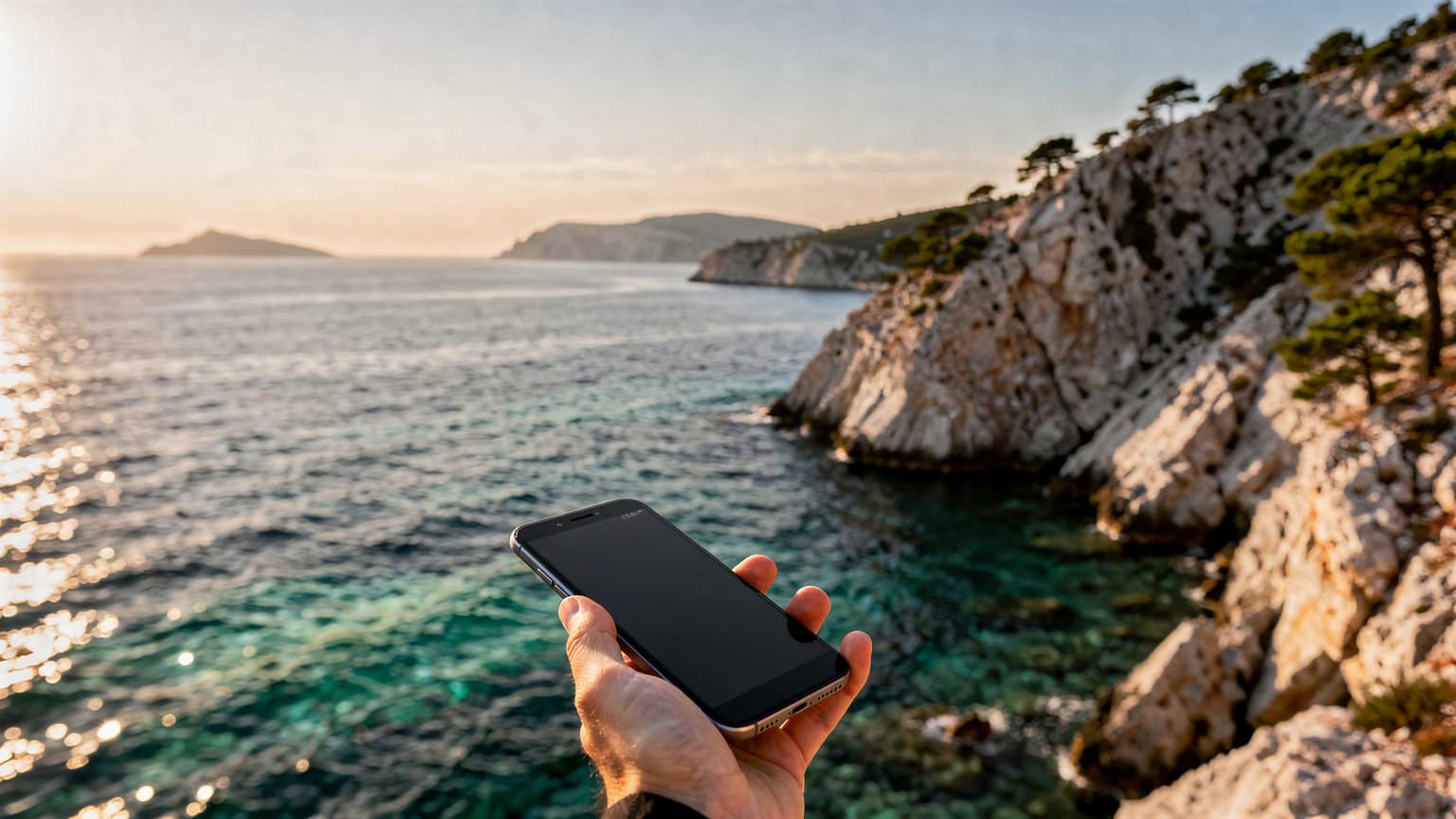 A person's hand holding a modern smartphone overlooking the stunning Croatian Adriatic coast at sunset, symbolizing effortless travel and connectivity.
