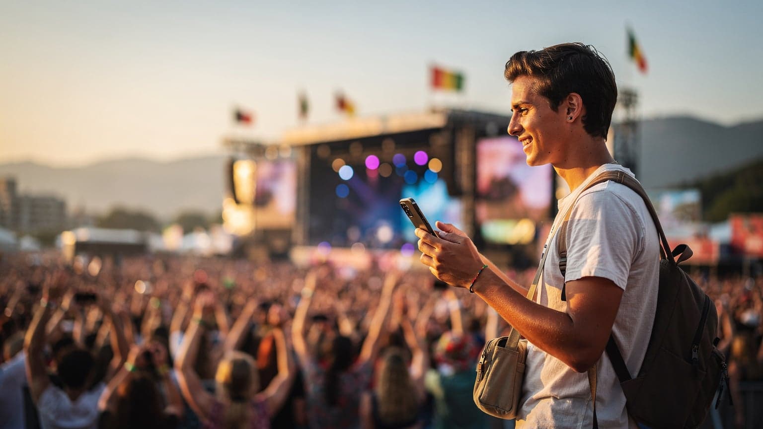Μια παρέα φίλων βγάζει selfie μπροστά σε μια σκηνή φεστιβάλ στην Ευρώπη, με φωτισμένα σκηνικά και πλήθος κόσμου στο βάθος, όλοι κρατούν smartphone και χαμογελούν.