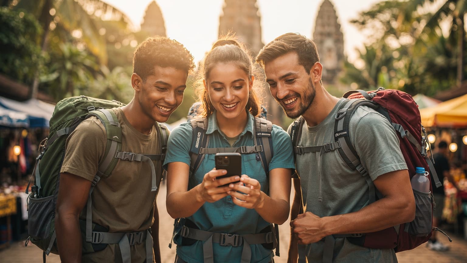 A photorealistic, cinematic image of three diverse young adult students with backpacks, smiling and engaged with a smartphone in a sun-drenched, vibrant Southeast Asian market. One student holds the phone, displaying a map or travel app, while the others look on with excitement. Lush greenery and traditional architecture are visible in the soft-focus background, illuminated by warm natural light.