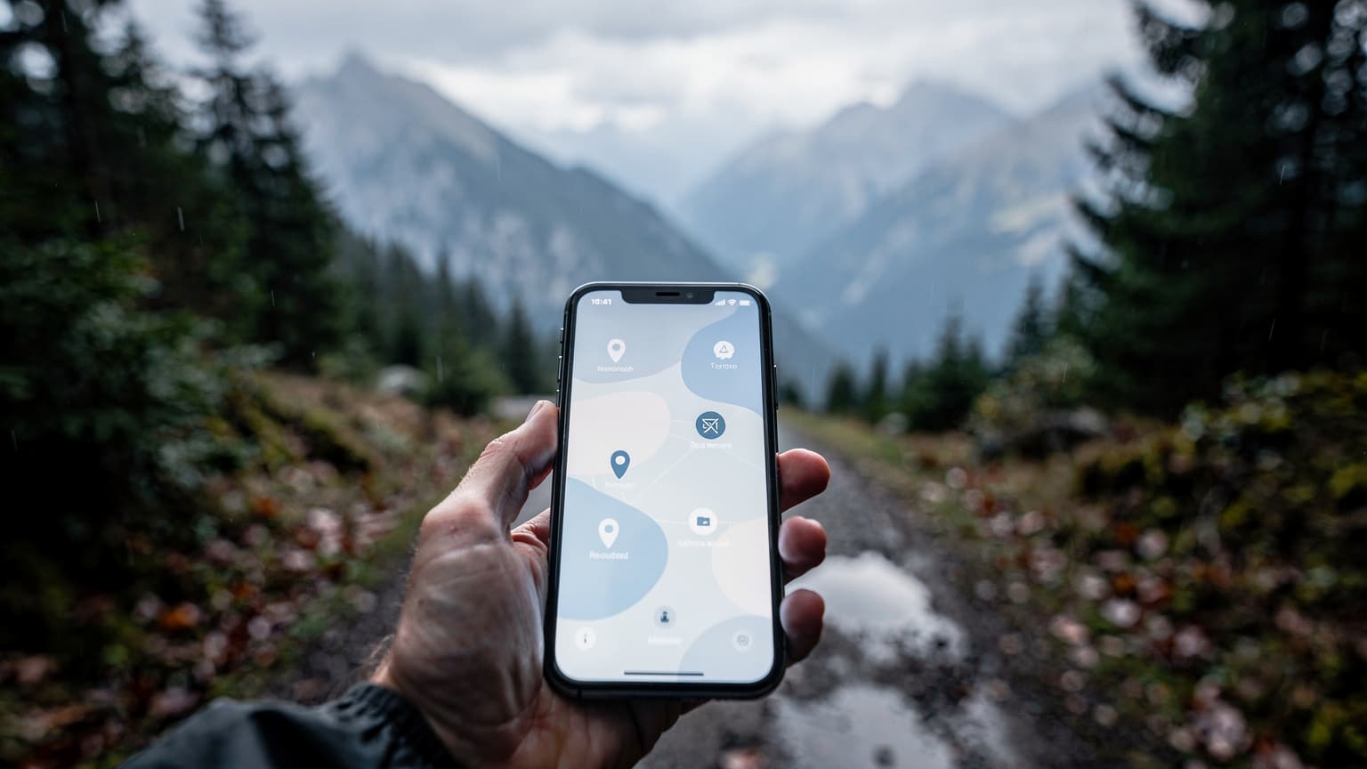 A person's hand holds a smartphone in the foreground, with a blurred yet scenic background of misty mountains or a cool-weather forest. The image conveys travel and modern connectivity.