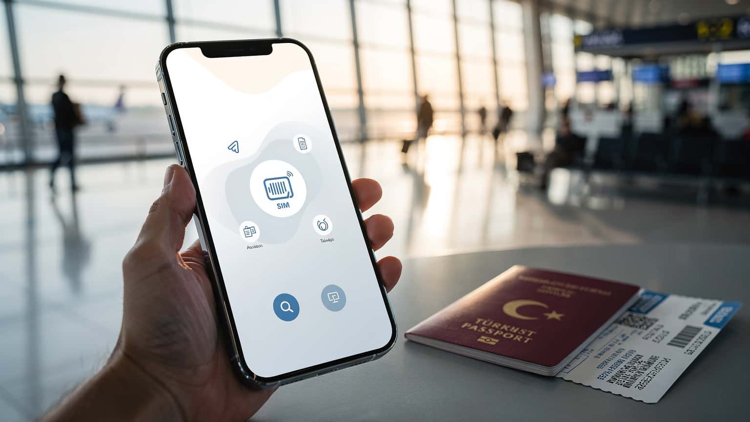A close-up of a person holding a modern smartphone, possibly an iPhone 18, with a blurred international airport terminal in the background. A Turkish passport and a boarding pass are visible nearby, suggesting international travel and eSIM setup.