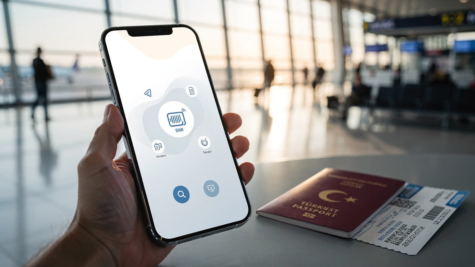 A close-up of a person holding a modern smartphone, possibly an iPhone 18, with a blurred international airport terminal in the background. A Turkish passport and a boarding pass are visible nearby, suggesting international travel and eSIM setup.