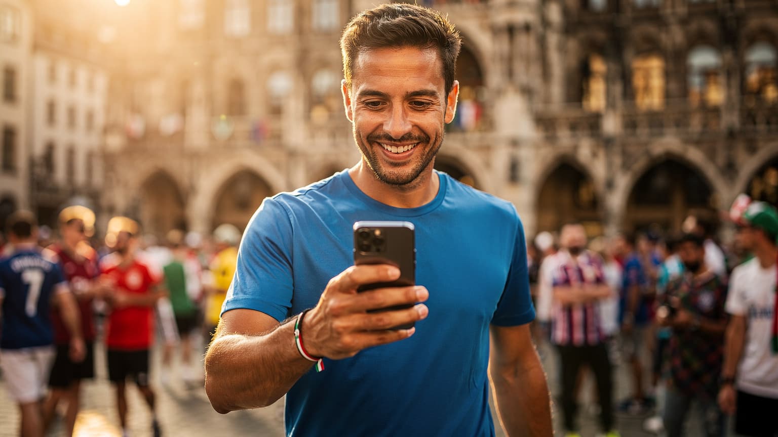 A joyful Italian football fan, mid-20s, wearing a blue top, walks through a sun-drenched German city square, looking at their smartphone with a relaxed smile, symbolizing effortless connectivity during the European Championship.