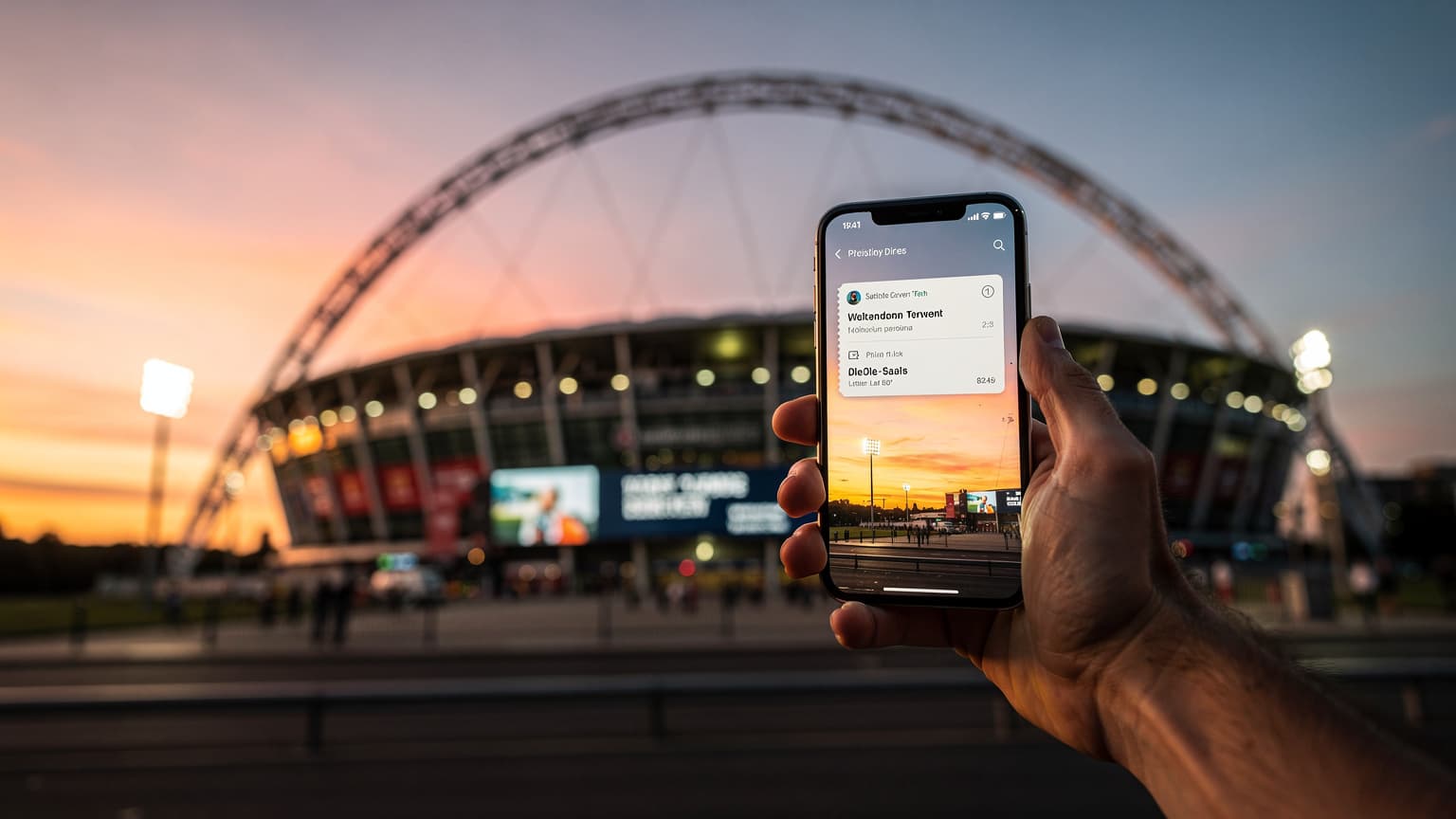 A close-up of a person's hand holding a smartphone showing a digital ticket or travel plan, with Wembley Stadium visible in the blurred background at sunset, symbolizing digital event preparation for a major football final.