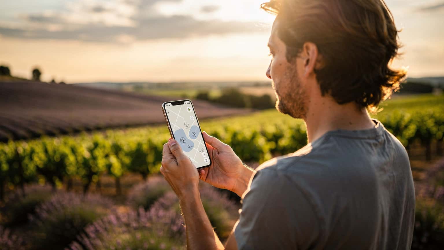 A person holding a smartphone in a sunlit French countryside, with vineyards and rolling hills in the background, conveying effortless connectivity.