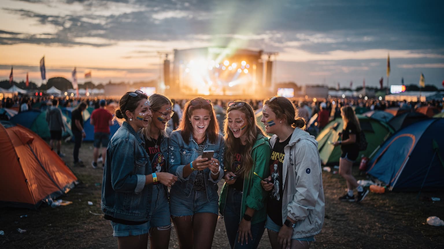 A photorealistic wide shot of Roskilde Festival at dusk, showing festival-goers happily using their phones amidst colorful tents and stage lights, symbolizing effortless connectivity.