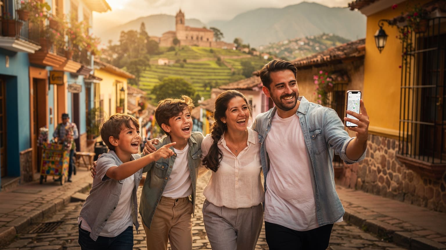 A happy family, including parents and two children, exploring a vibrant South American landscape or city street, with one parent subtly holding a smartphone, suggesting seamless travel and connectivity.