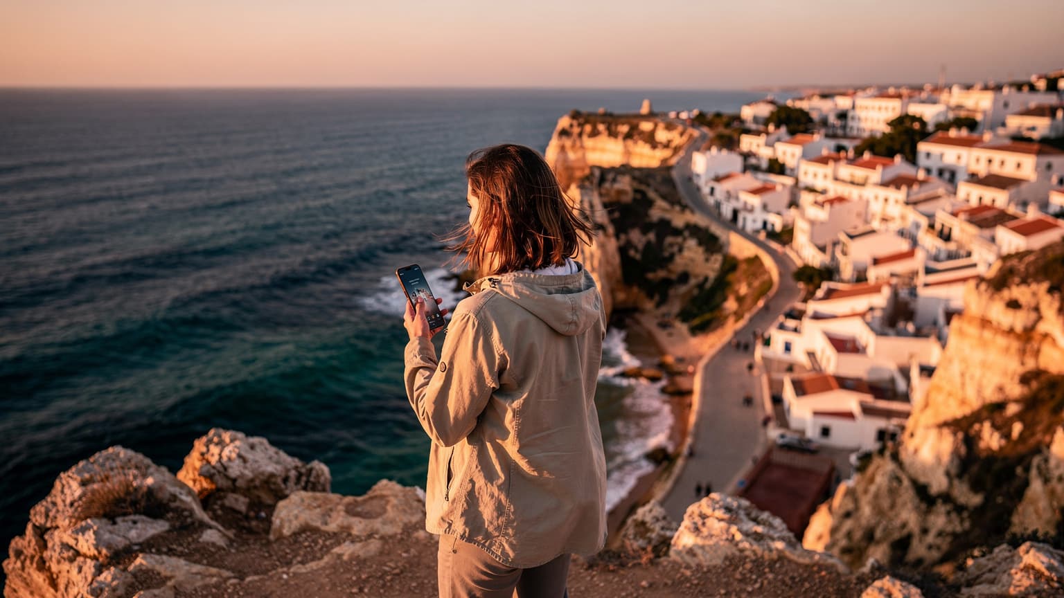 A cinematic, photorealistic image of a person standing on a sun-drenched cliff overlooking the Atlantic ocean in the Algarve, Portugal, during golden hour. The person is subtly interacting with a modern smartphone, with a traditional white-washed coastal village visible in the background, suggesting advanced connectivity in a beautiful natural travel destination.