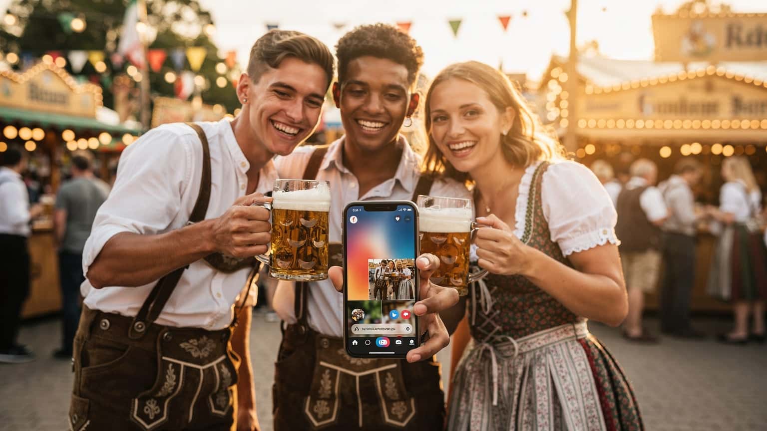 A group of friends at a lively German beer festival, one sharing a photo on a smartphone while others clink beer steins, illustrating the blend of traditional celebration and modern digital sharing with eSIM data.