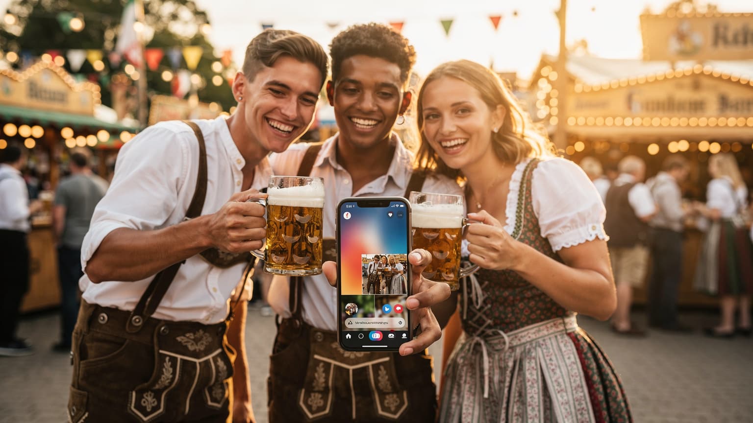 A group of friends at a lively German beer festival, one sharing a photo on a smartphone while others clink beer steins, illustrating the blend of traditional celebration and modern digital sharing with eSIM data.