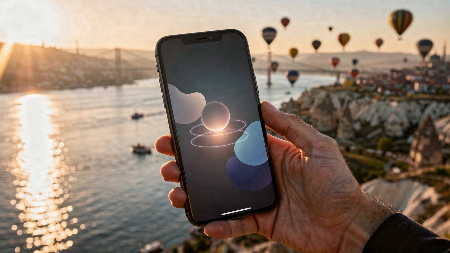 A hand holding a smartphone against a beautiful, sunlit Turkish landscape, illustrating seamless and modern travel connectivity.