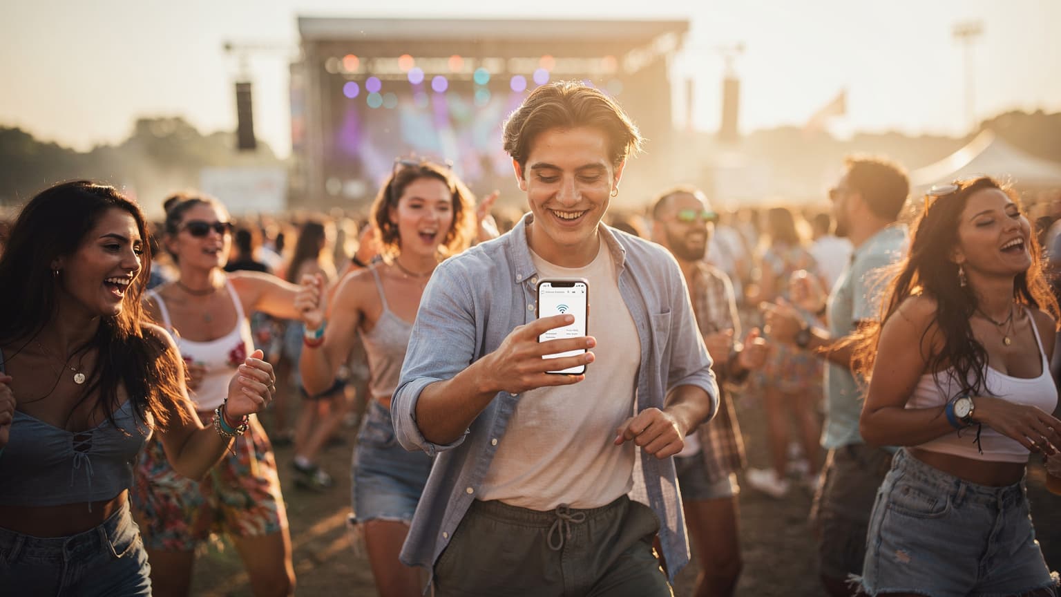 Joyful young adults dancing at a vibrant European music festival during golden hour, one discreetly holding a smartphone, symbolizing seamless travel and connectivity.