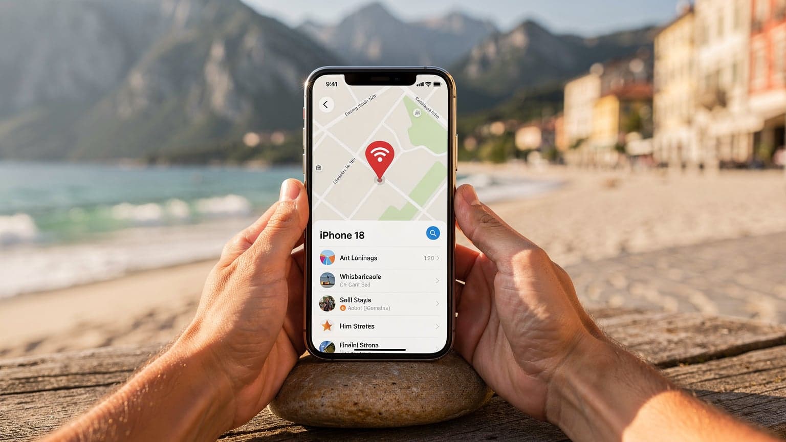 A modern smartphone, resembling an iPhone, is prominently featured in a sun-drenched summer vacation scene, such as a beach or a European city. The phone's screen displays a subtle travel interface, suggesting readiness for a trip. The image has a cinematic, editorial quality with natural light.
