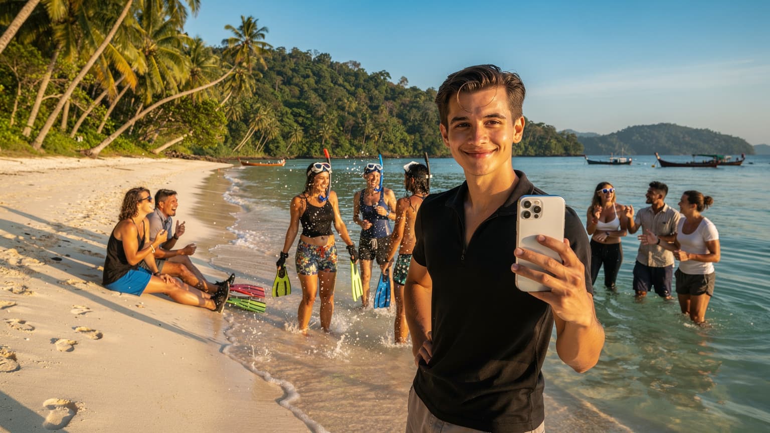 Hero image for a blog post about Southeast Asian islands and eSIMs. A group of people enjoy a diving party on a tropical beach with clear turquoise water and palm trees. One person holds a smartphone, symbolizing connectivity.