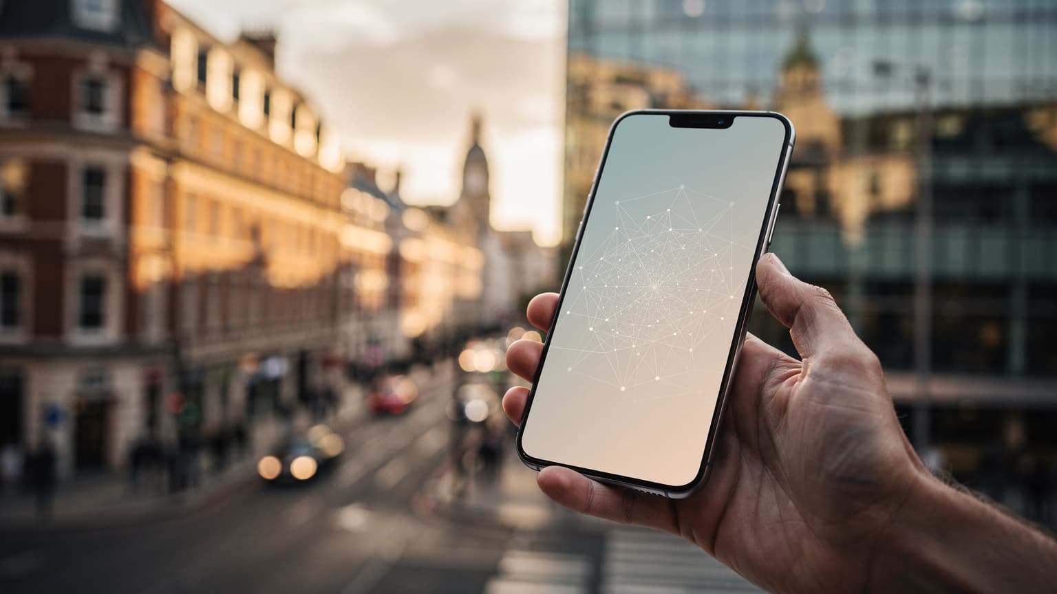 A modern hand holding a smartphone in the foreground, with a blurred, cinematic view of London's cityscape at golden hour in the background, symbolizing urban connectivity and travel.