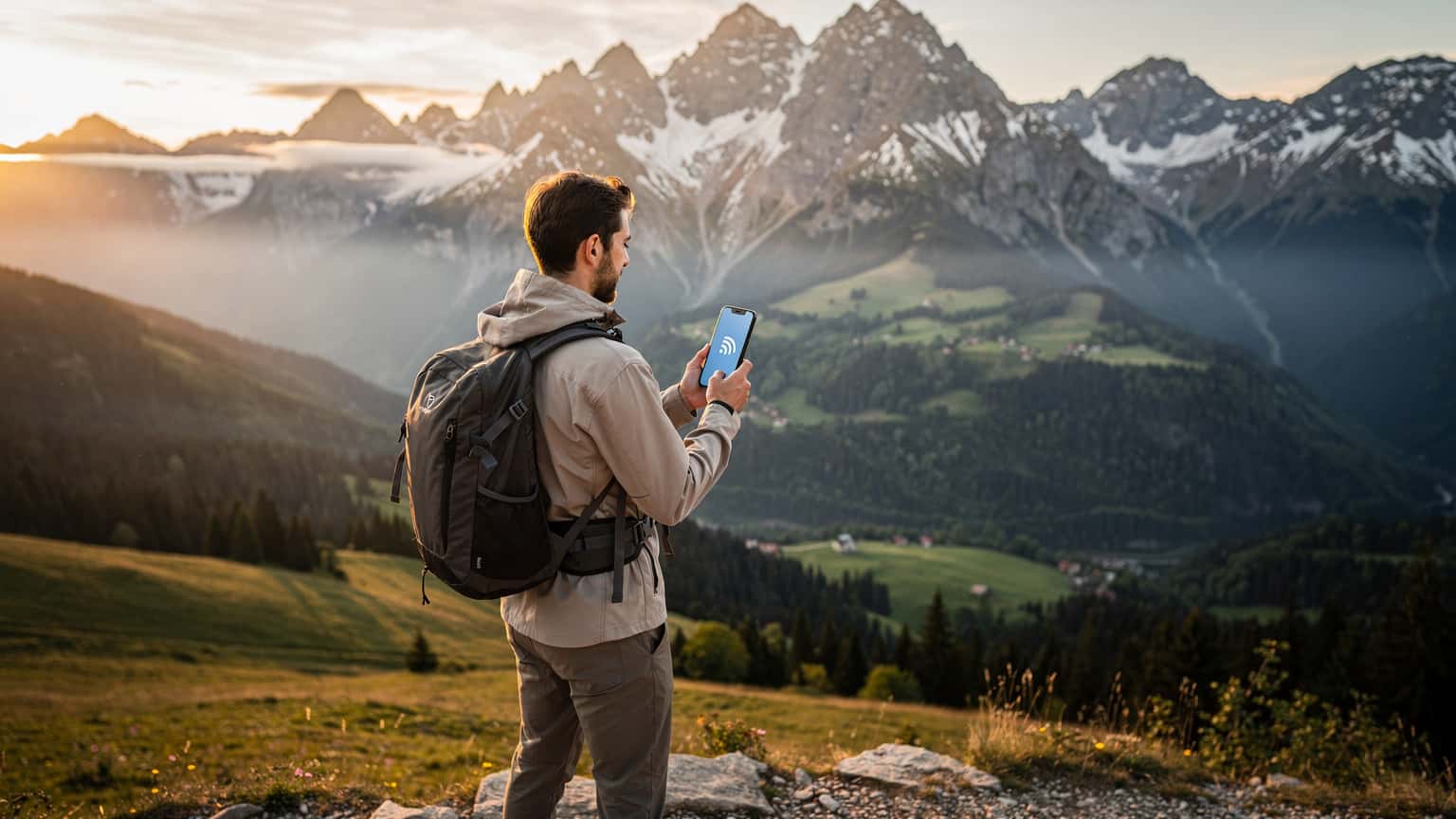 A person stands on a scenic viewpoint overlooking the High Tatra Mountains in Slovakia, holding a smartphone that subtly indicates connectivity, embodying the freedom of modern travel and technology in nature.