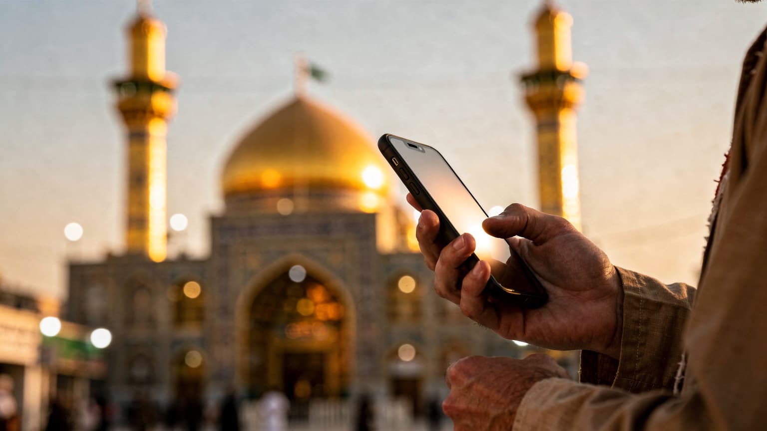A photorealistic, editorial hero image for a travel and tech magazine, showing a hand subtly holding a smartphone with a softly glowing screen. In the background, out of focus, are the majestic golden dome and minarets of a holy shrine in Najaf or Karbala, Iraq, under golden hour light. The image blends ancient spirituality with modern connectivity.