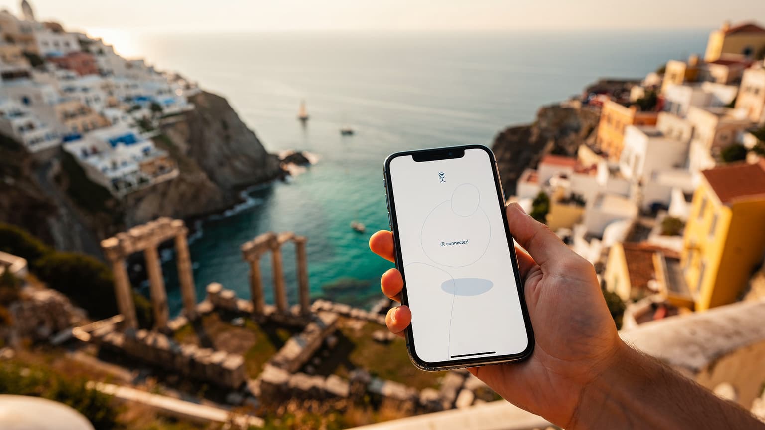 A person's hand holding a smartphone against a beautiful, sun-drenched Mediterranean coastal landscape, featuring elements of Greek, Spanish, and Italian architecture and scenery. The image symbolizes modern, seamless travel and connectivity.