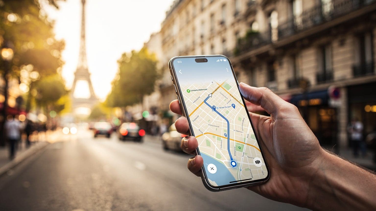 A person holding a smartphone in a vibrant Parisian street scene with iconic architecture in the background, symbolizing seamless global travel connectivity.