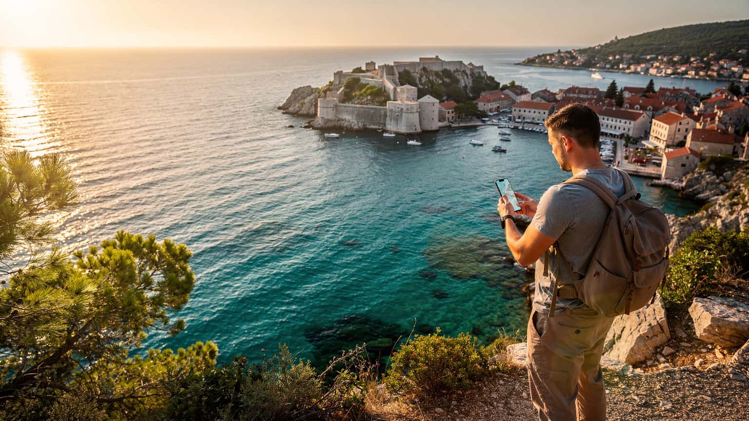 A person on a cliff overlooking the Adriatic Sea in Croatia at sunset, subtly holding a smartphone, symbolizing modern, connected travel.