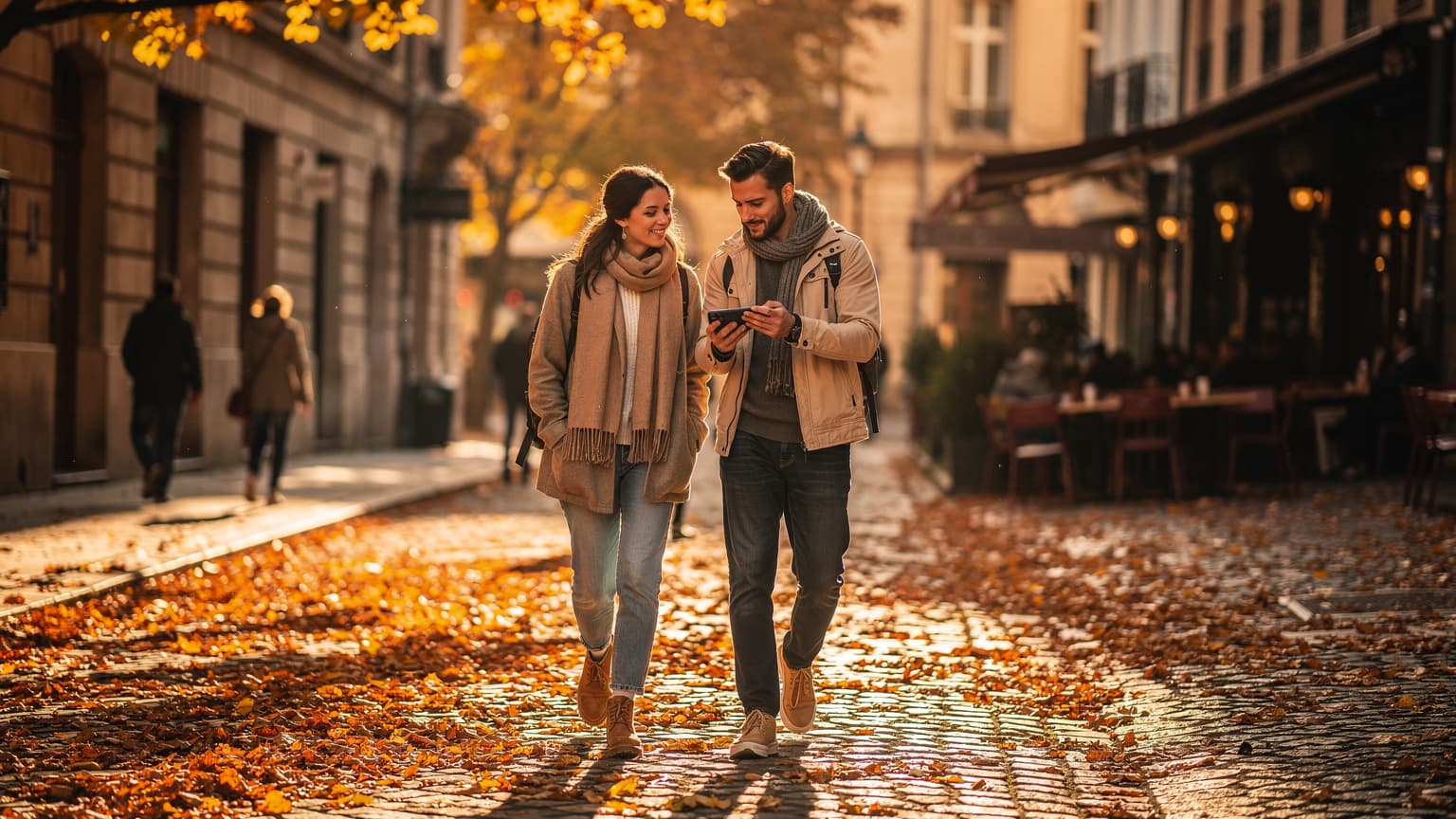 A photorealistic, cinematic hero shot of a person holding a smartphone while standing on a cobblestone street in a charming European city during autumn golden hour, with historic buildings in the background. The image conveys relaxed, connected travel.