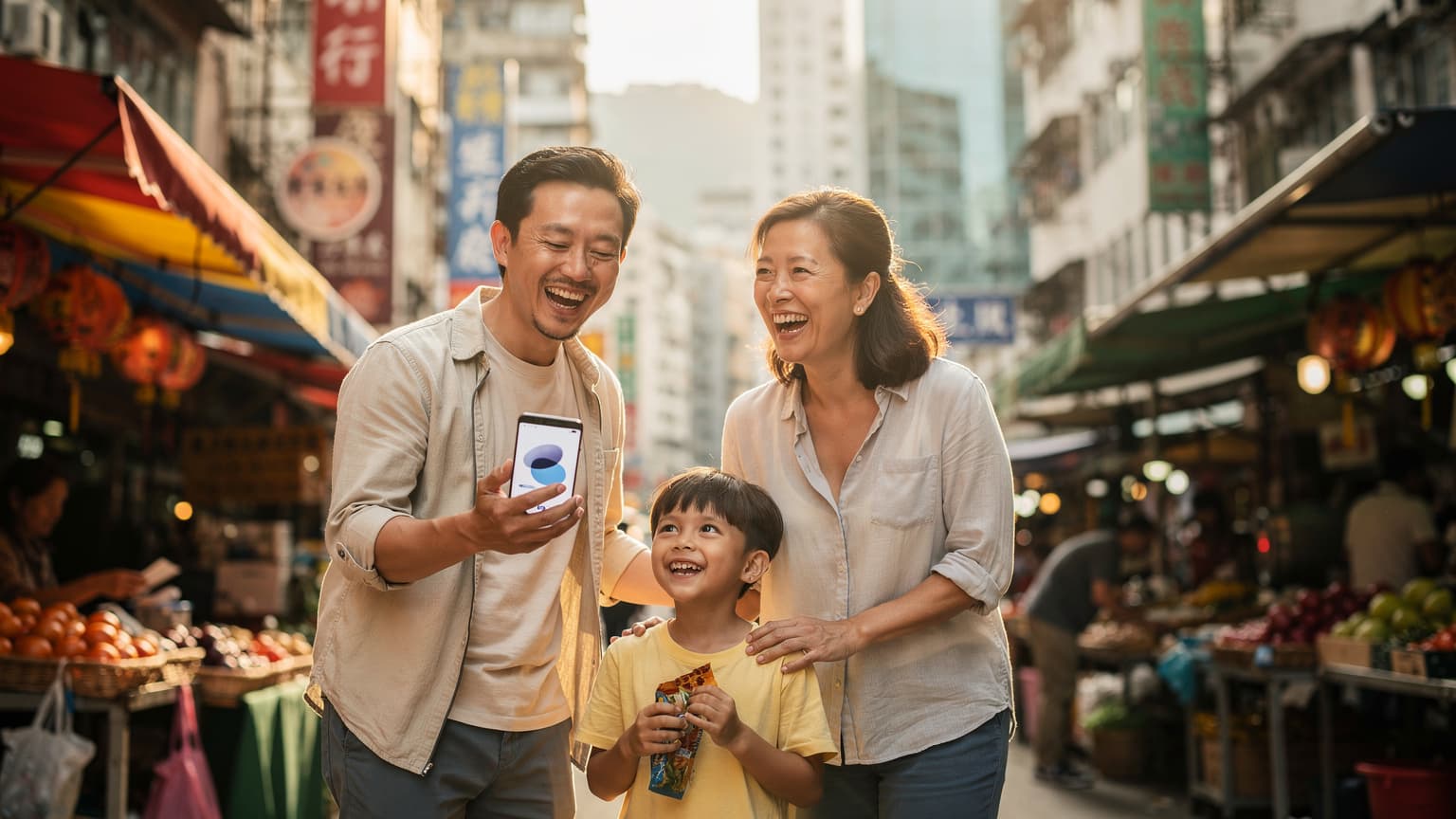 A smiling family of three (parents and a child) in a vibrant Hong Kong street market, with a parent subtly holding a smartphone displaying a digital interface, and the city skyline softly blurred in the background, conveying effortless travel and connectivity.
