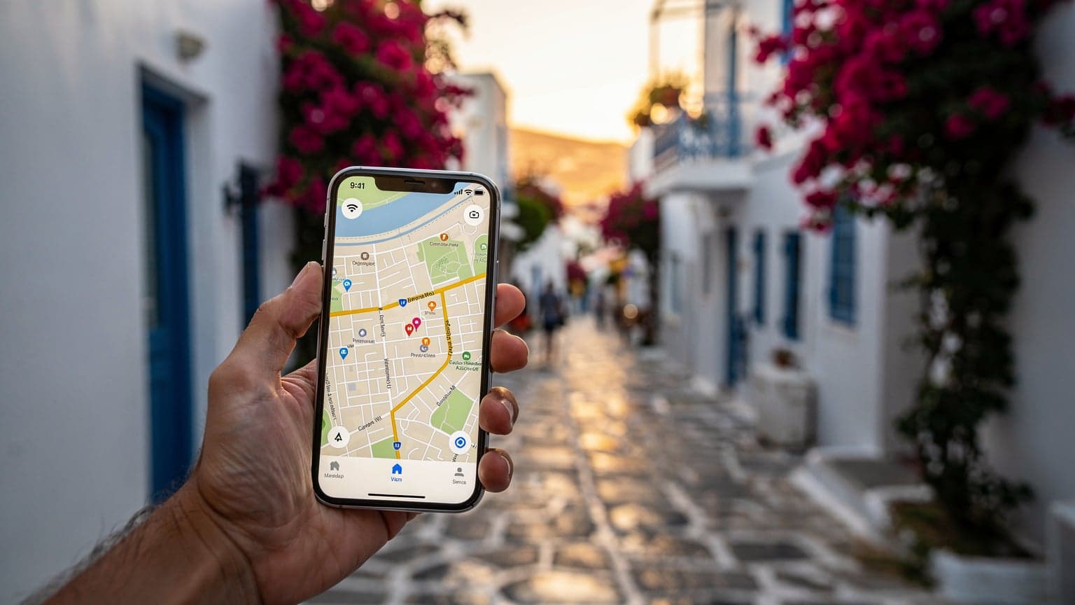 A close-up of a hand holding a smartphone displaying a strong data signal, with a blurred background of a charming, sunlit Greek alleyway, suggesting seamless travel connectivity.