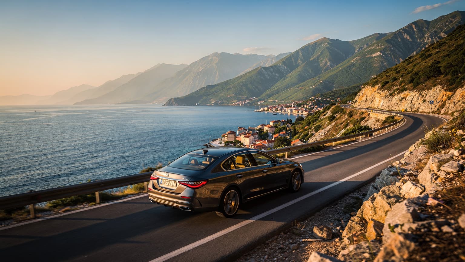 A modern car drives on a scenic coastal road in the Balkans, overlooking the Adriatic Sea and mountains during golden hour, evoking a grand road trip adventure.