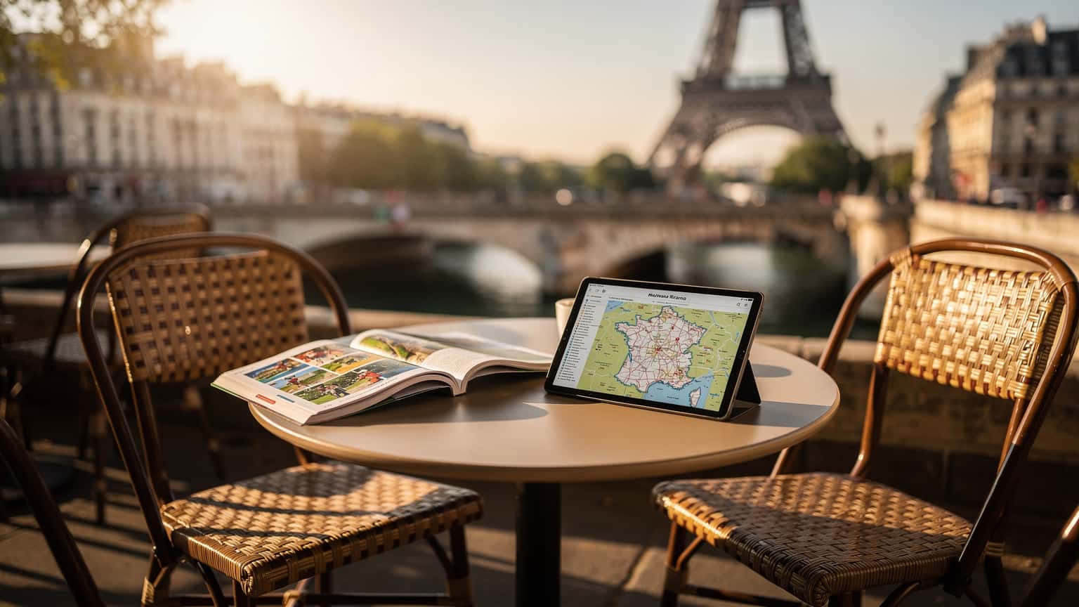 A cinematic, photorealistic image of a Parisian cafe table with a travel guide and a modern tablet showing a map of France. The background features a famous French landmark, softly illuminated by golden hour light, evoking travel planning and the discovery of France.