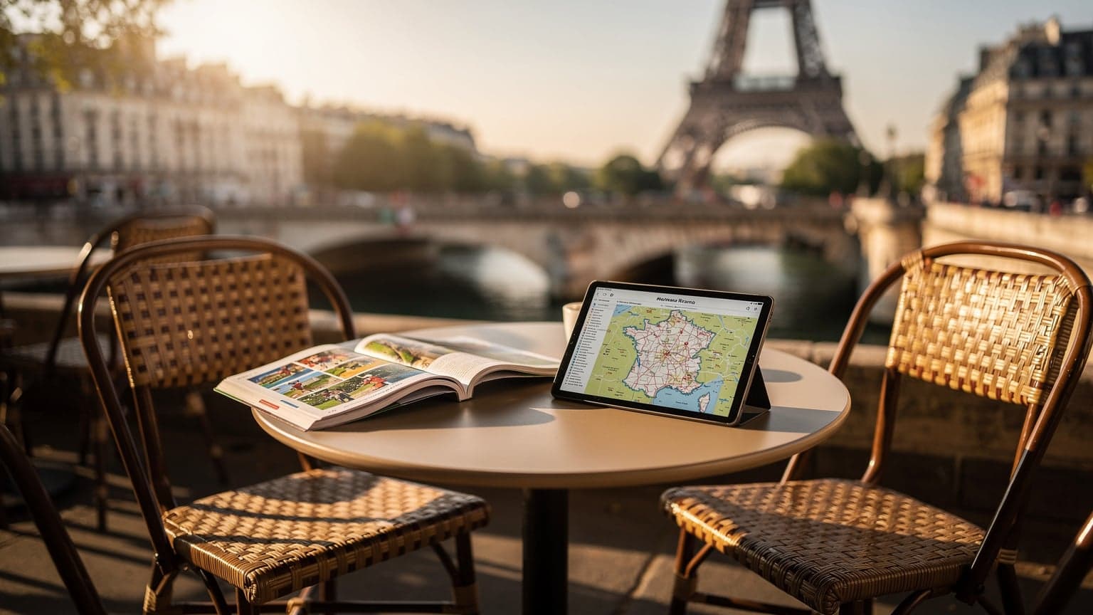 A cinematic, photorealistic image of a Parisian cafe table with a travel guide and a modern tablet showing a map of France. The background features a famous French landmark, softly illuminated by golden hour light, evoking travel planning and the discovery of France.