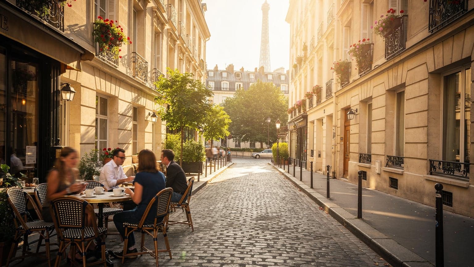A cinematic, photorealistic image of a charming Parisian street at golden hour, featuring historic architecture, an outdoor cafe, and the Eiffel Tower in the distance, conveying the allure of French travel.