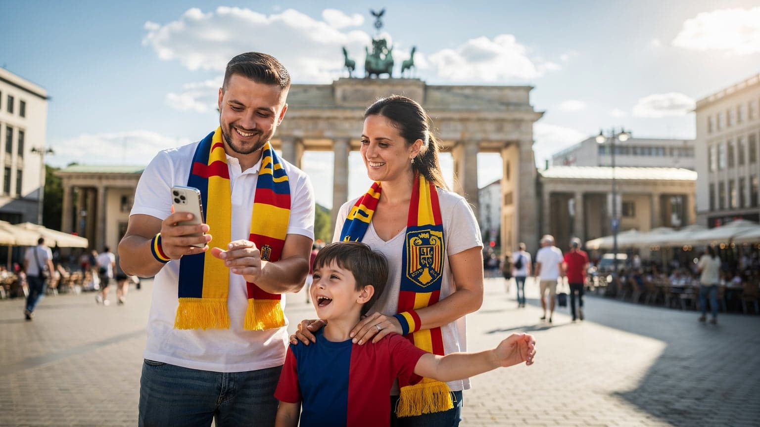A happy Romanian family, including parents and a child, smiling in a sunny German city square, with one parent subtly interacting with a smartphone, suggesting easy connectivity during a major football event.
