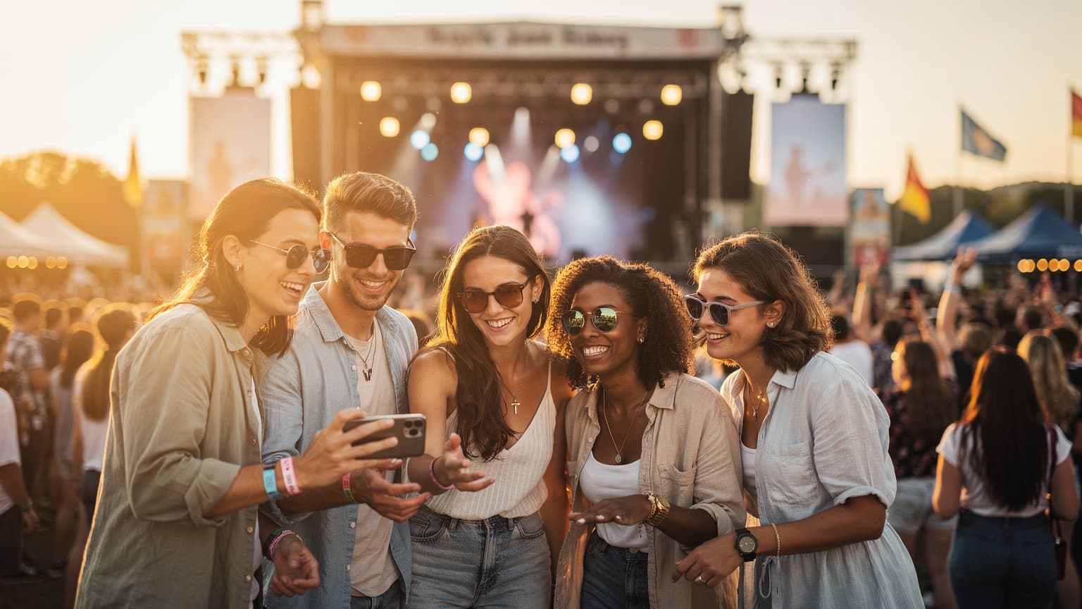 A group of festival-goers using a smartphone at a summer music festival, with a stage and crowd in the background under golden hour light, representing tech preparedness for European festivals.