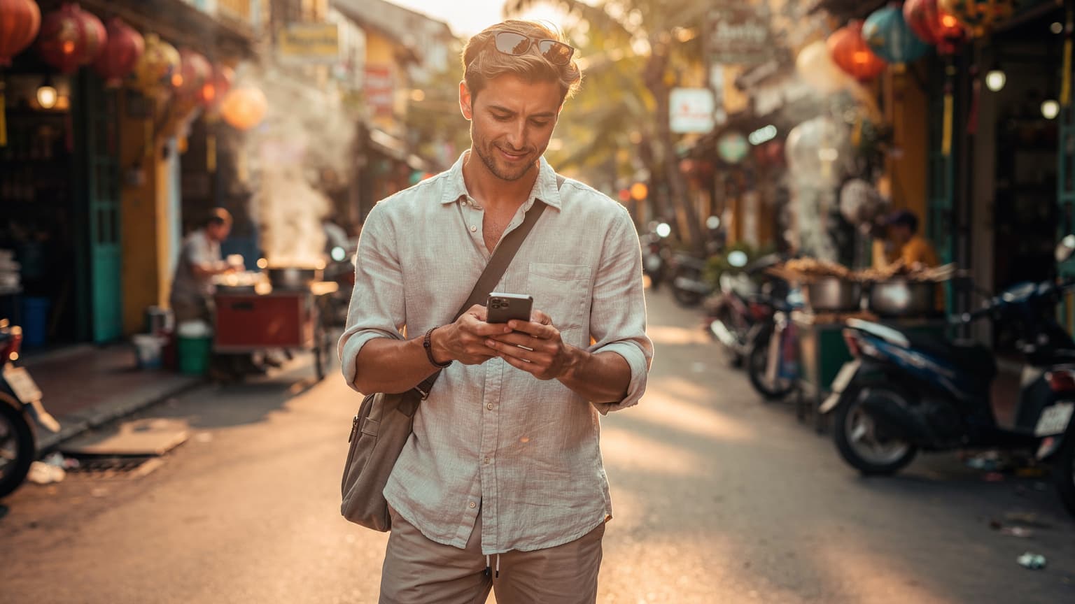 A person uses a smartphone on a bustling Southeast Asian street during golden hour, representing smart travel and eSIM connectivity.