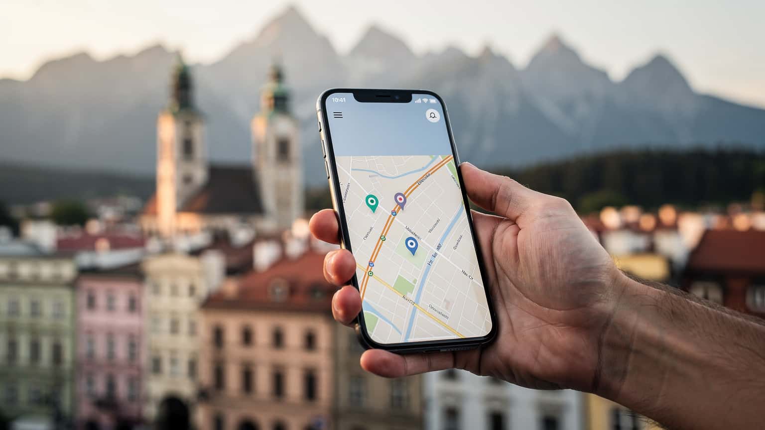 A hand holding a smartphone with a subtle network signal icon against a blurred background of an iconic Polish city skyline, representing modern travel and connectivity solutions like eSIMs.