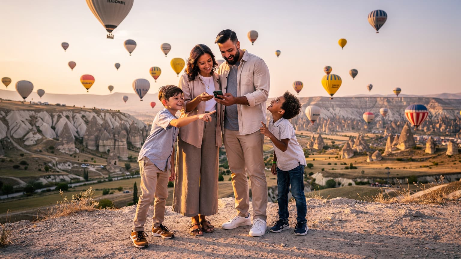 A diverse family stands on a scenic overlook in Cappadocia, Turkey, watching hot air balloons at sunrise, subtly interacting with a smartphone, representing seamless travel connectivity.