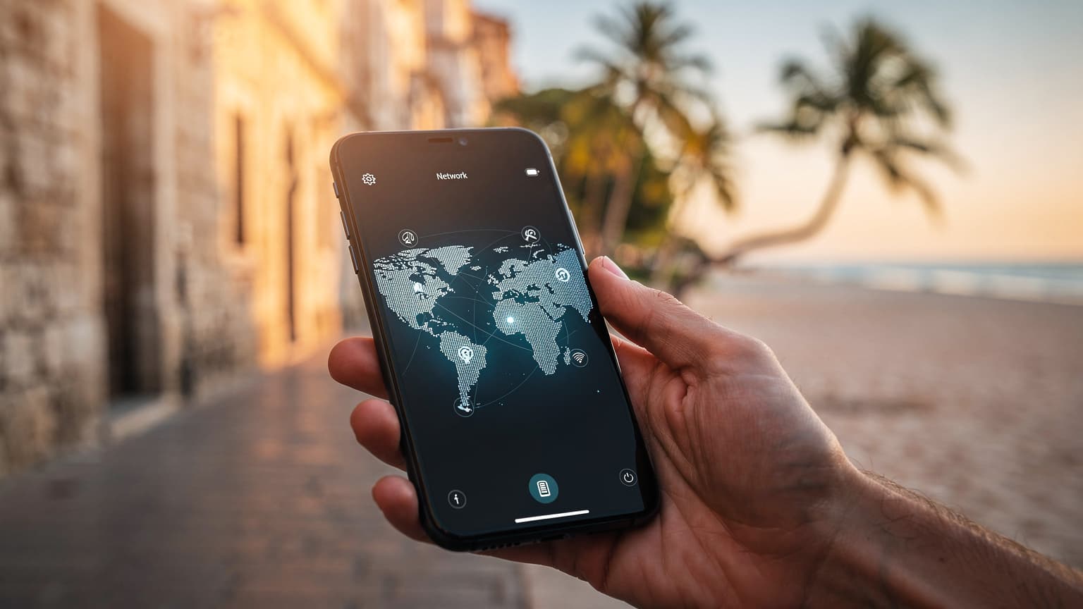 A hand holding a smartphone, with a blurred background of a scenic travel destination, symbolizing global connectivity for travelers.