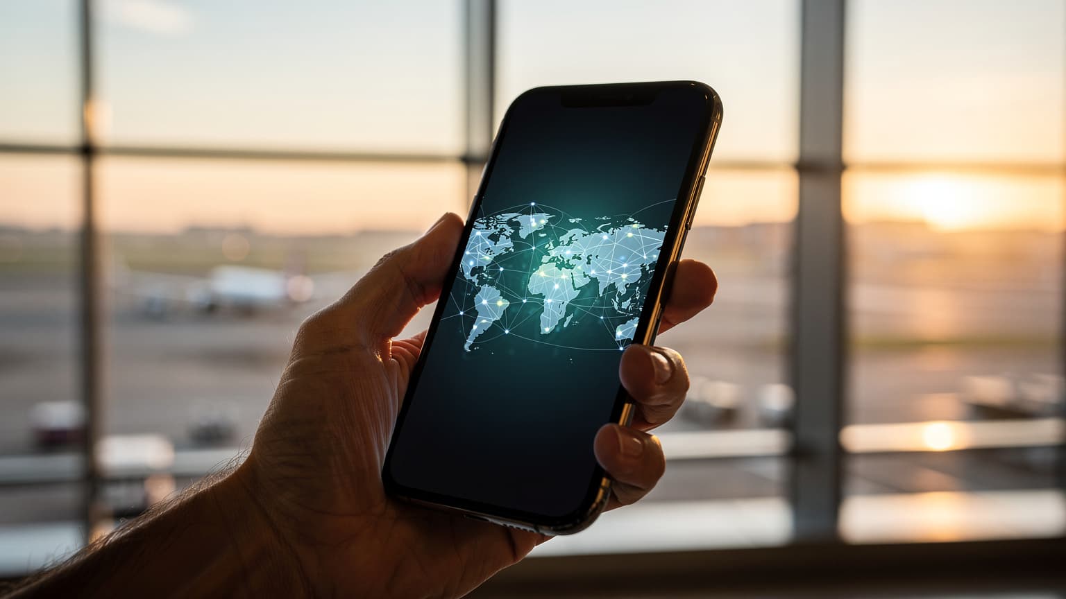 A close-up of a hand holding a modern smartphone with a world map on its screen, set against a blurred background of an international airport or cityscape, symbolizing global travel and connectivity.