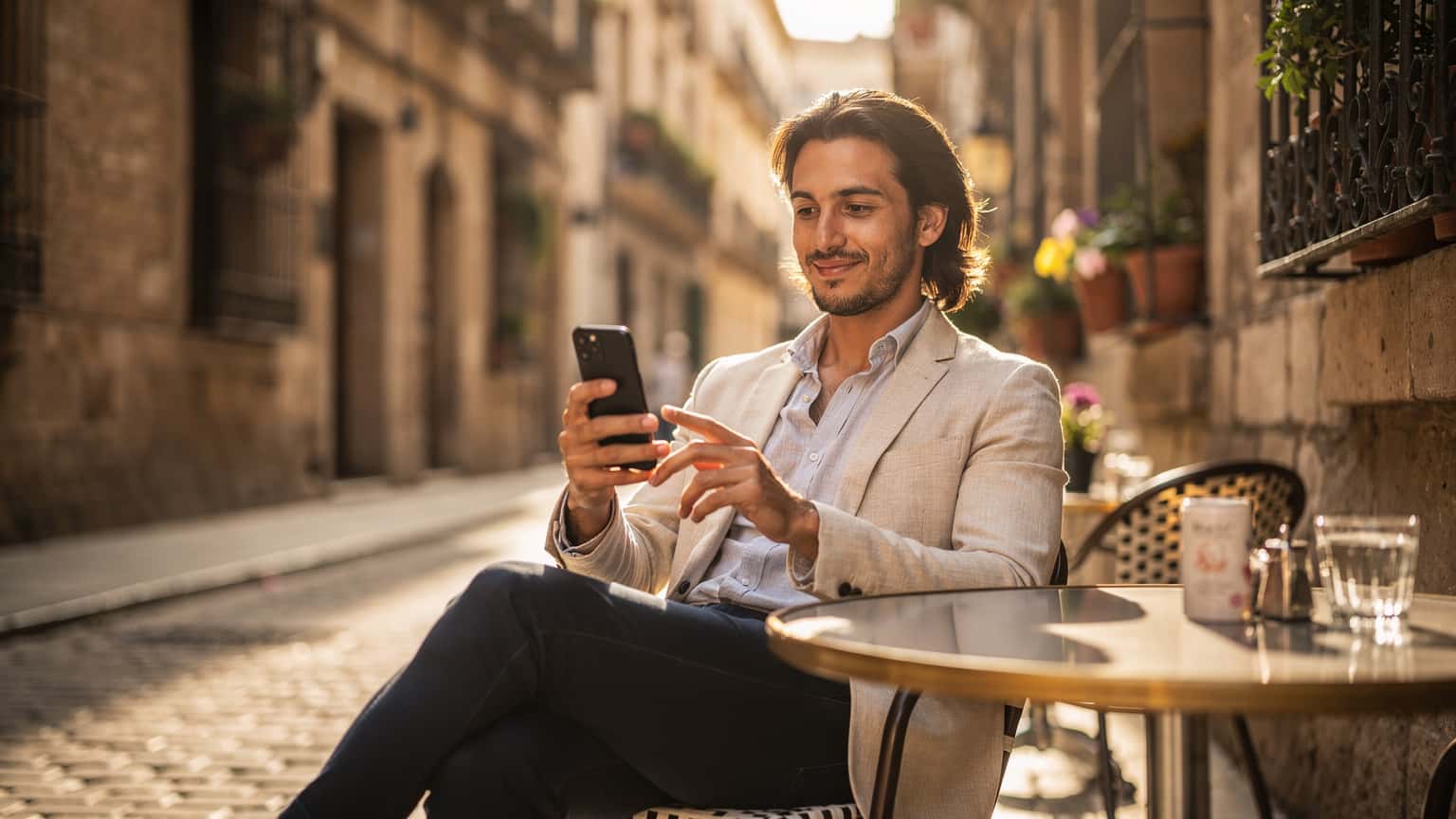 A traveler using a smartphone in a beautiful, sunlit Spanish street, symbolizing easy connectivity.
