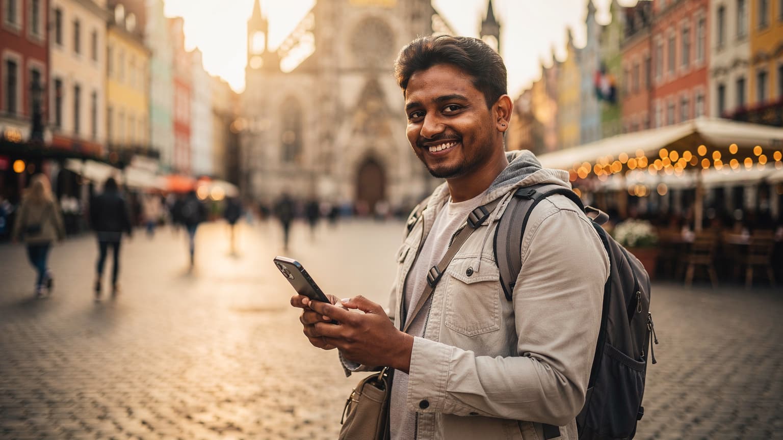 A joyful traveler of South Asian descent in a European city square, happily using a modern smartphone with a famous landmark in the background, symbolizing seamless global internet connectivity during international travel.