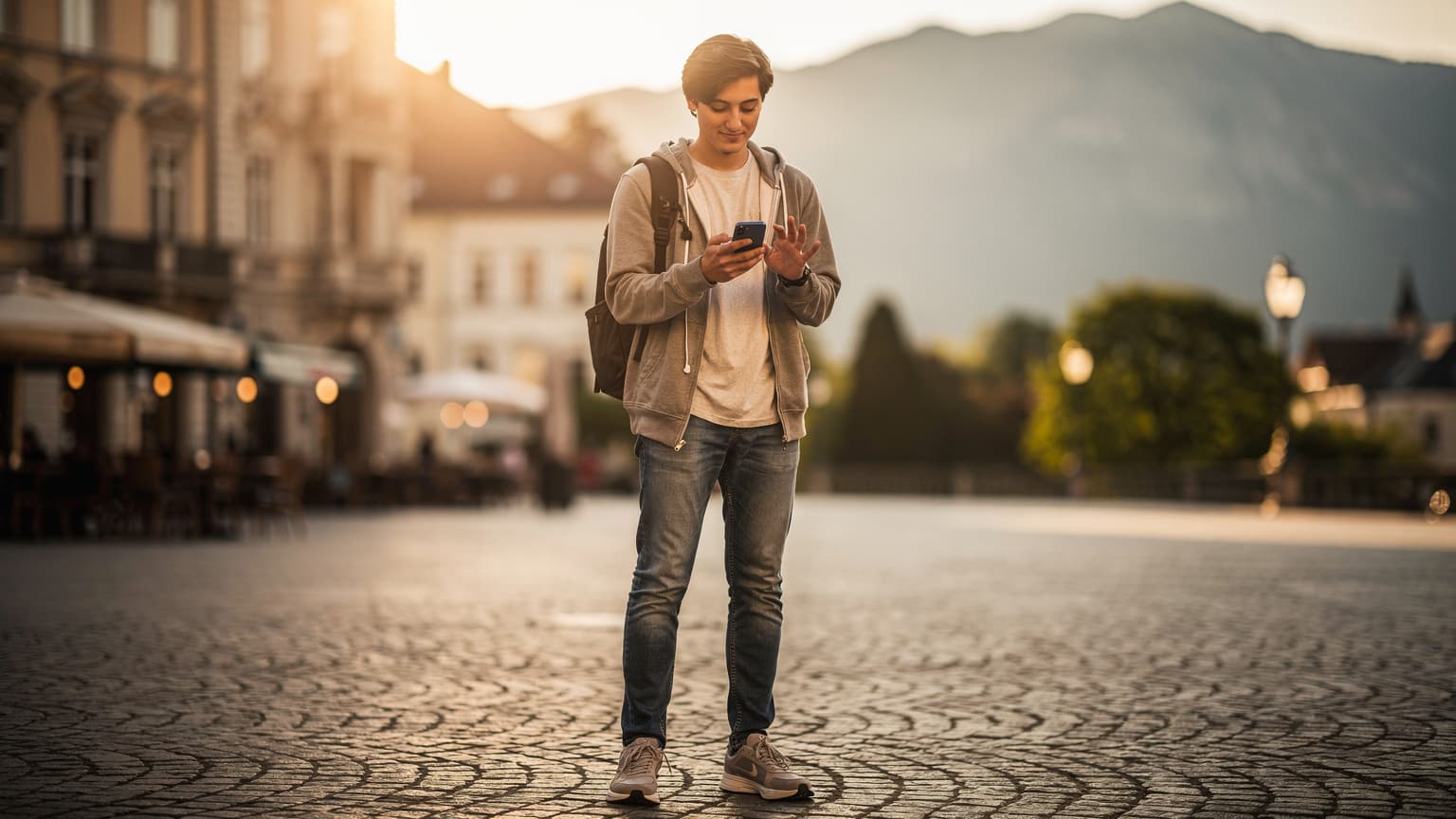 A young traveler using a smartphone in a beautiful European setting, symbolizing easy and affordable international connectivity for travel.