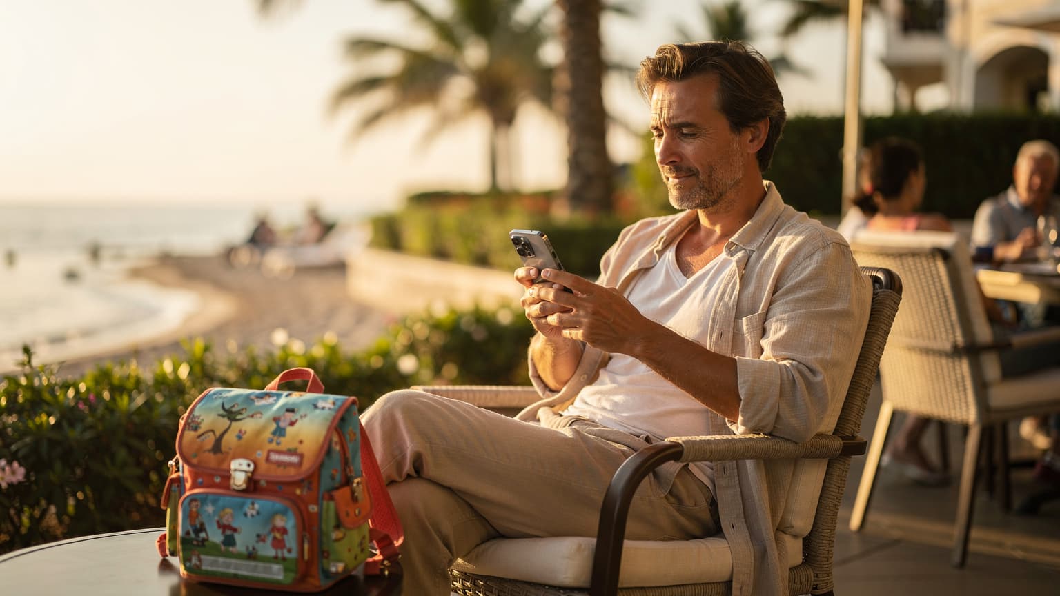 A parent, relaxed but thoughtful, sits at an outdoor cafe or beach lounge, holding a smartphone. A child's backpack is visible nearby, hinting at the end of summer holidays and the return to school. The scene is lit by warm natural light.