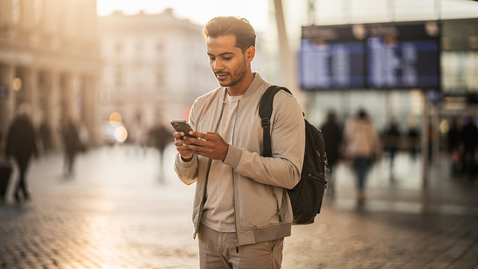 A photorealistic, cinematic hero shot of a confident traveler using a modern smartphone in a sunlit European city square, symbolizing seamless eSIM global connectivity for a travel tech magazine.