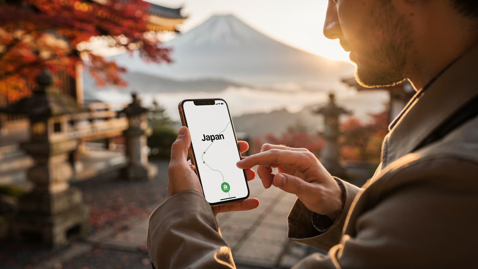 A traveler holds an iPhone 15 in a beautiful Japanese setting, symbolizing modern travel and connectivity.