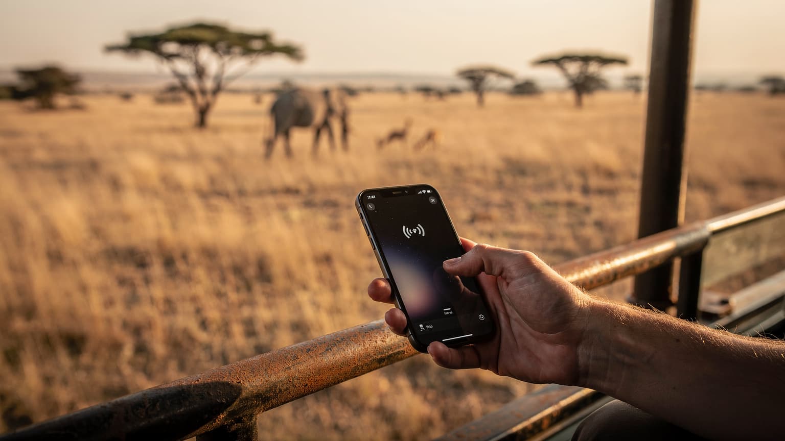 A photorealistic editorial image showing a traveler's hand holding a smartphone with a strong signal icon in a safari vehicle, overlooking the vast Serengeti plains with distant wildlife at golden hour.
