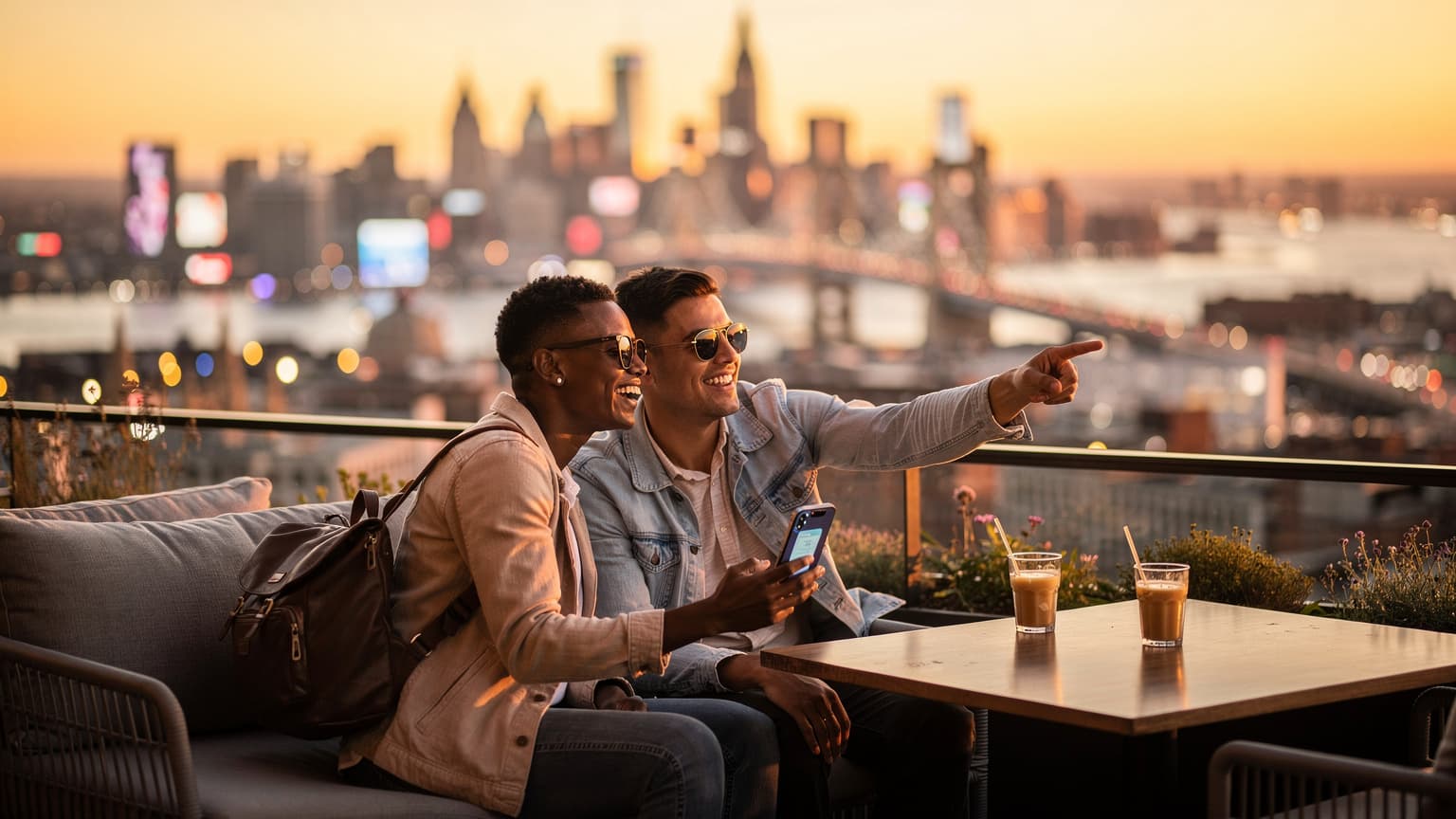 A couple enjoying a stunning travel destination, with one person subtly holding a smartphone, symbolizing easy and connected holiday exploration.