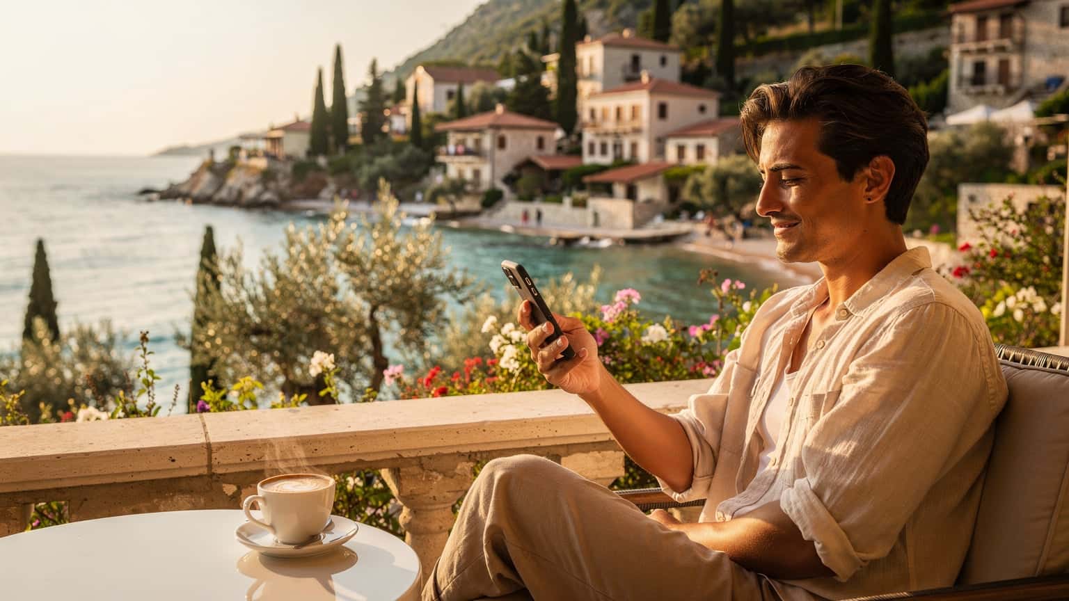 A person relaxing on a sunny balcony overlooking the Albanian Riviera, subtly interacting with a smartphone, representing the ease of using an eSIM for travel.
