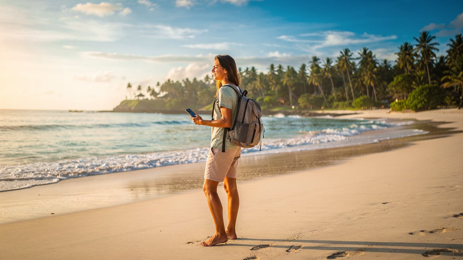 A photorealistic hero image depicting a joyful young traveler on a sun-drenched beach in Bali, holding a smartphone, conveying effortless digital connectivity during a school holiday.