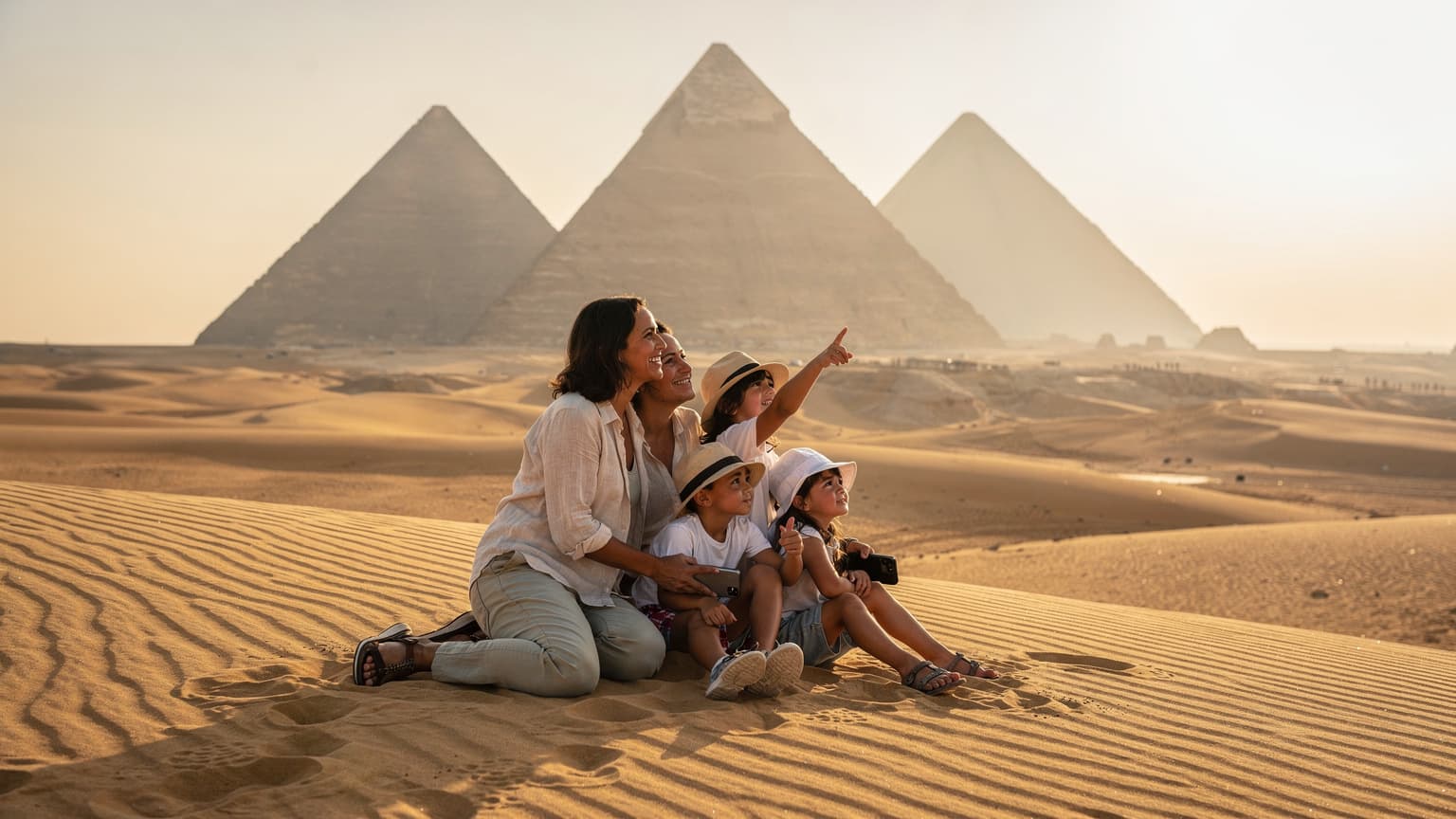 A family of four, including two children, stands on a sandy dune overlooking the Great Pyramids of Giza at sunset. One parent subtly holds a smartphone, symbolizing modern travel connectivity.