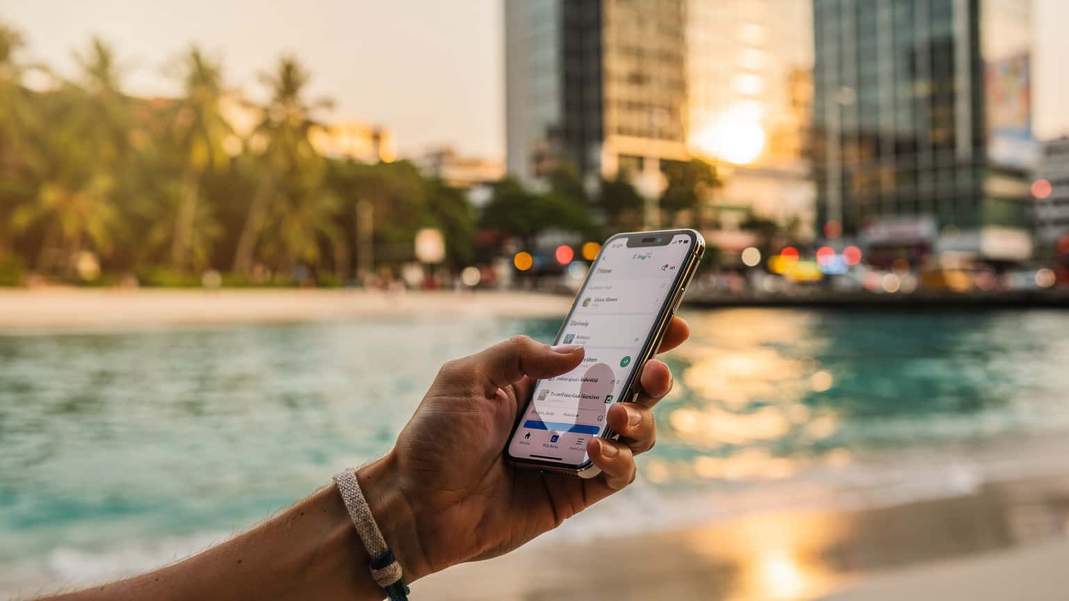 A traveler's hand holding a smartphone against a beautiful Thai landscape, representing modern travel and digital connectivity in Thailand.